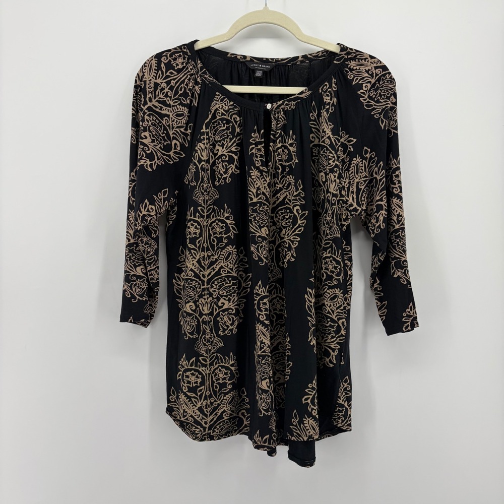 Lucky Brand Womens 1X Black Tan Damask Floral 3/4 Sleeve Split Neck Blouse Top